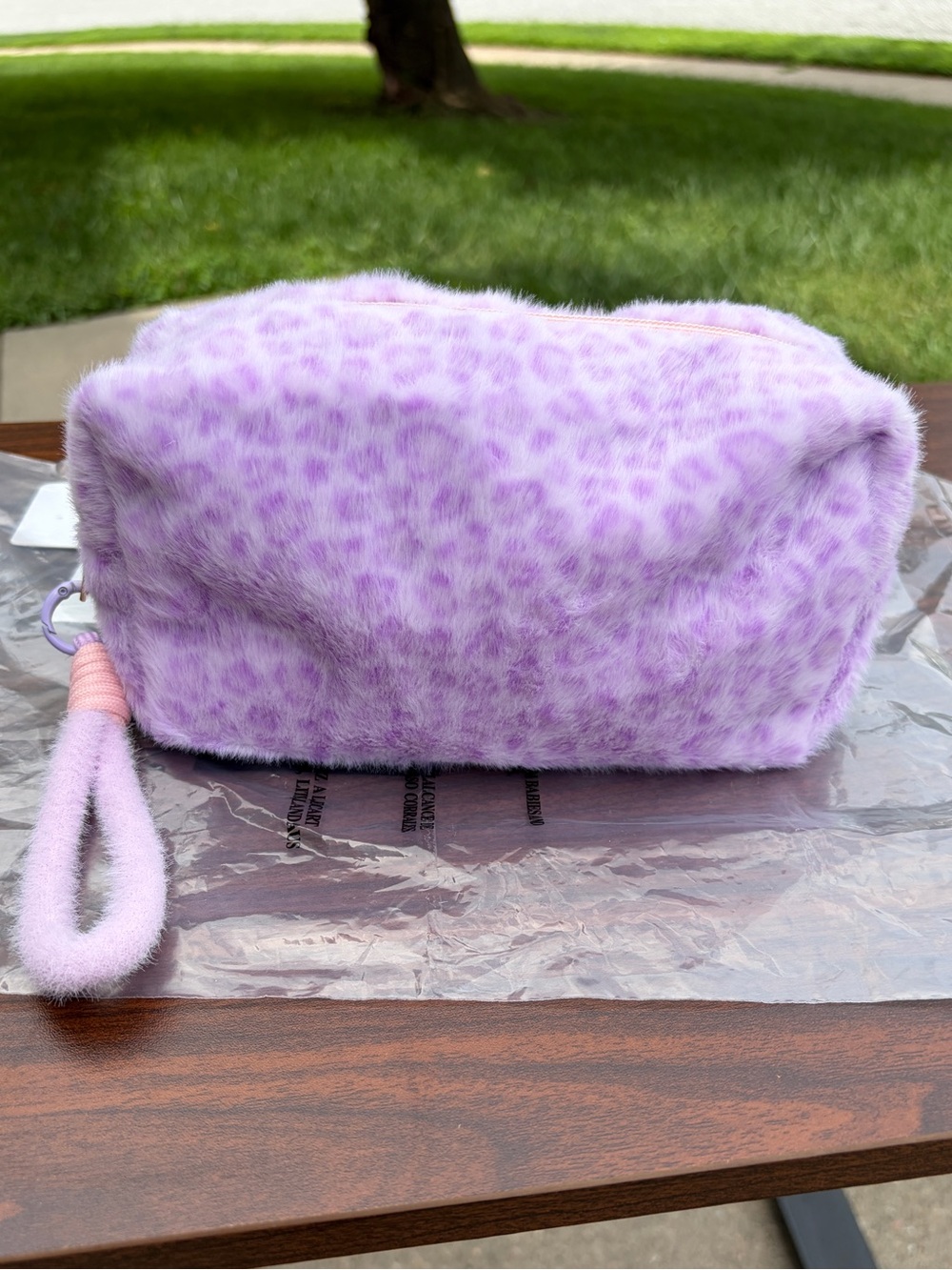 MKS America Purple Plush Leopard Print Cosmetic Makeup Bag Wristlet NWT
